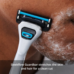 Dorco Pace 4 Pro guardbar guides skin and hair toward blades for smoother contact