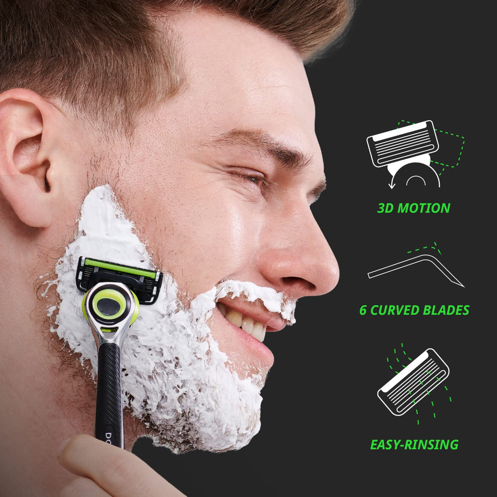 Dorco Pace 6 Pro 3D Motion interchangeable heads enable easy refills and compatibility.