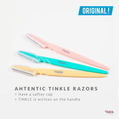 Dorco Tinkle tool shown with safety cover protecting skin during trimming