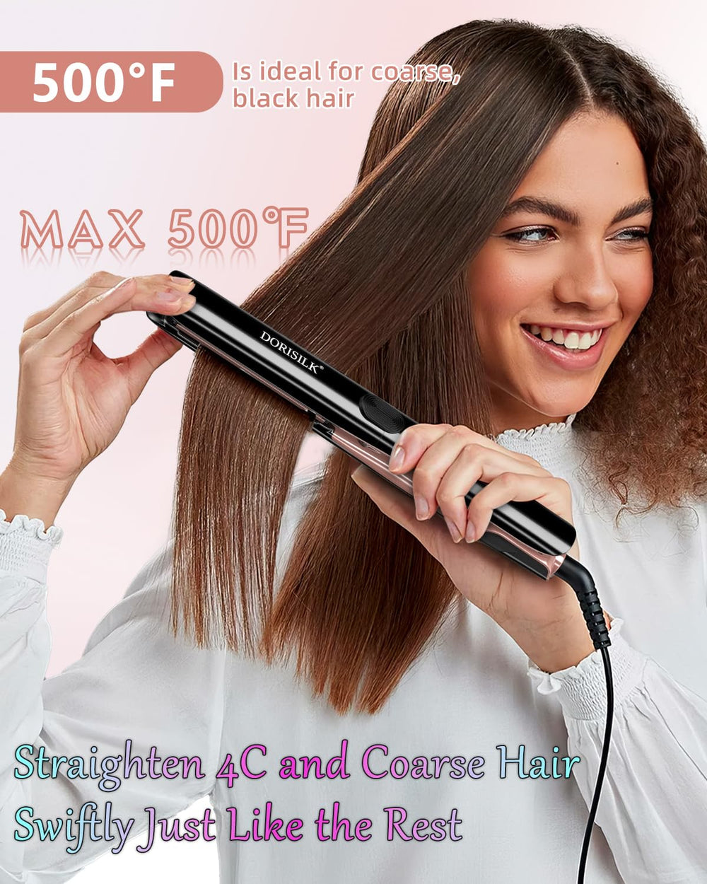 DORISILK plasma technology close-up suggesting frizz control and shine.