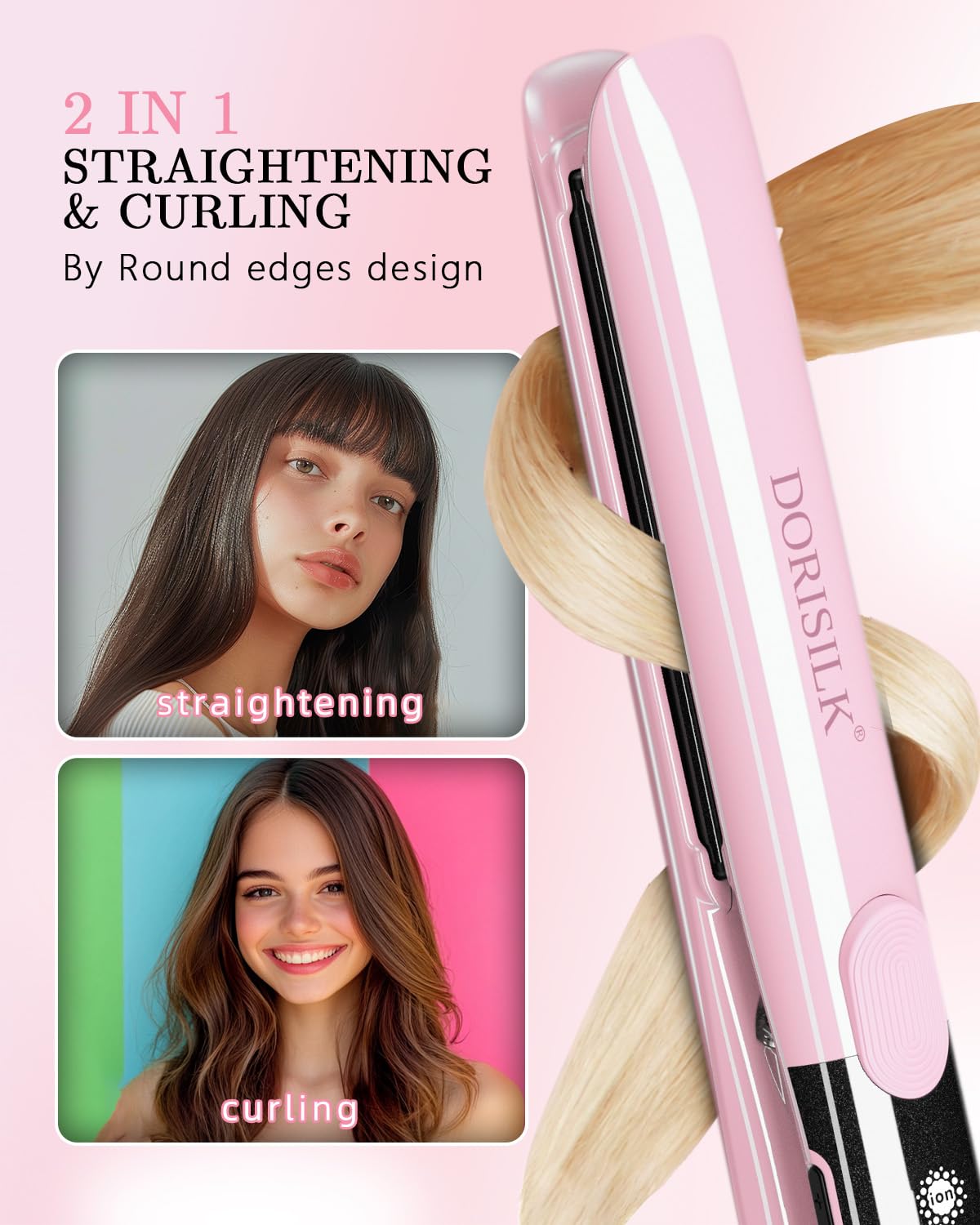 Dorisilk 2-in-1 flat iron straightens and curls for versatile styling.