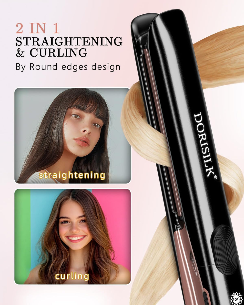 DORISILK two-in-one straightener and curler with 1-inch plates in action.