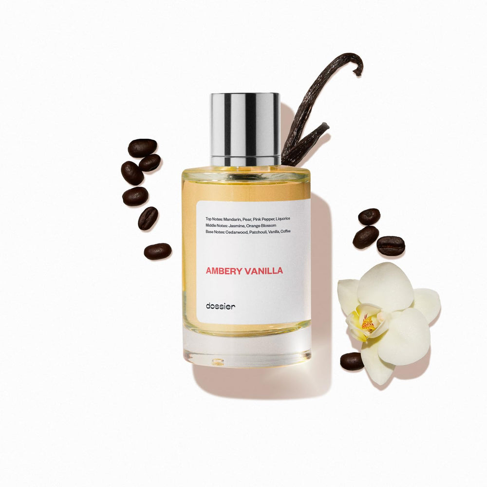 Dossier Ambery Vanilla bottle shot, elegant design suggesting premium fragrance for evening wear
