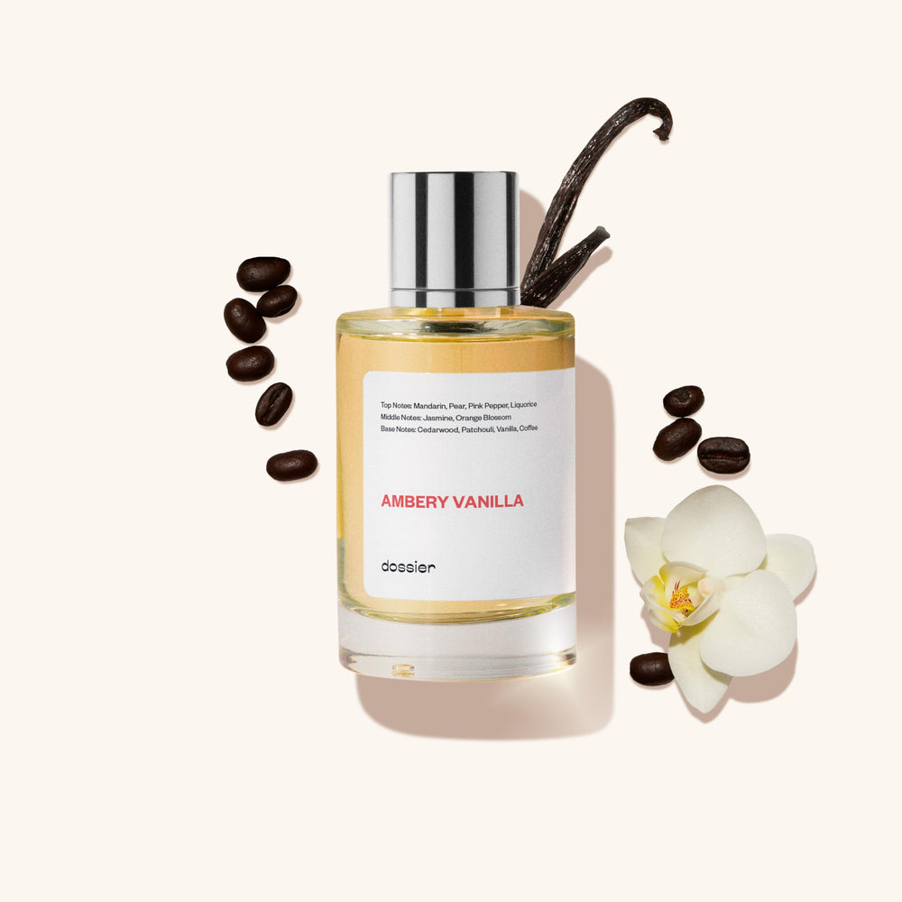 Dossier Ambery Vanilla label highlights vegan and paraben-free formula