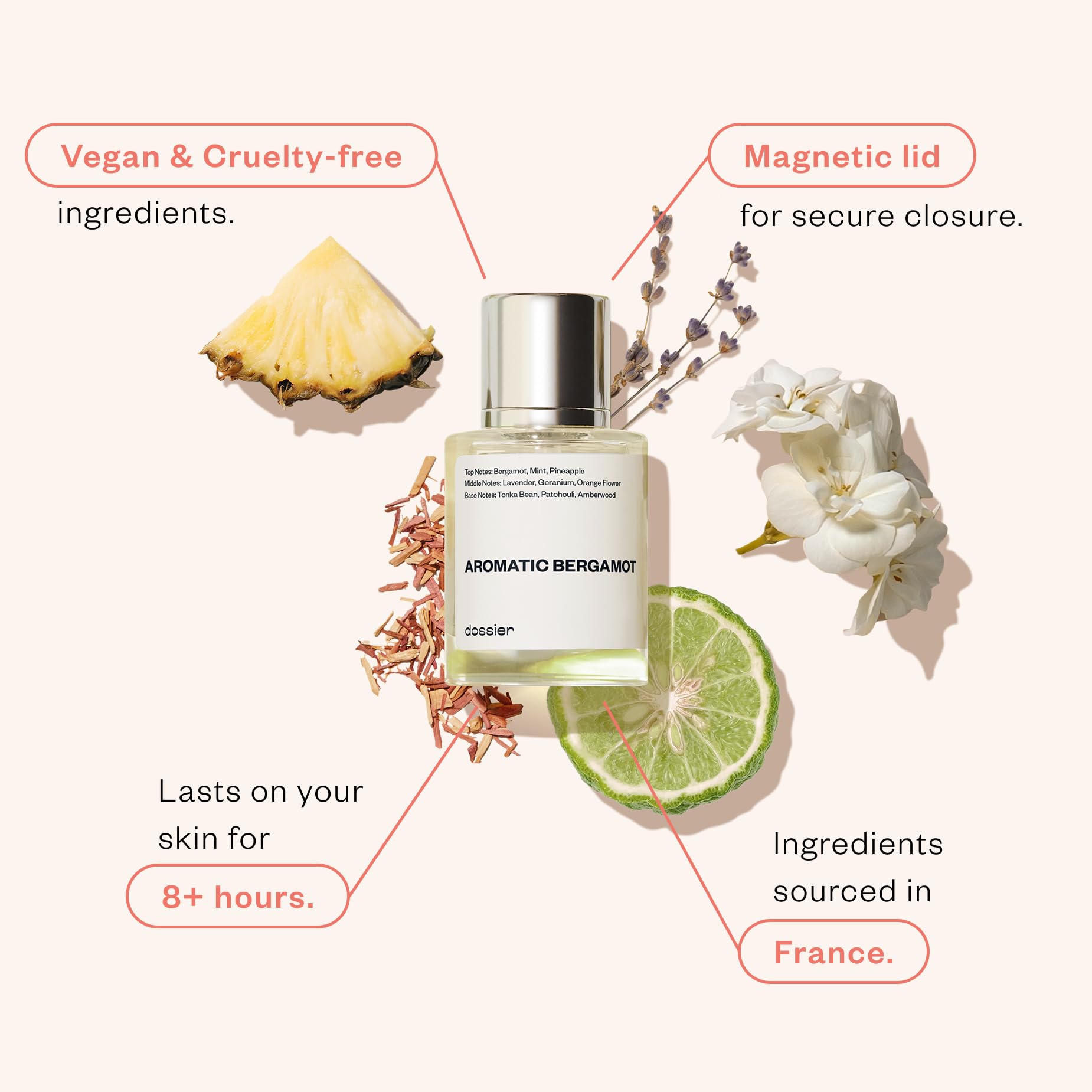 Dossier Aromatic Bergamot vegan, paraben-free formula supports conscious use.