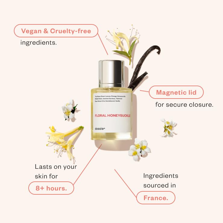 Dossier Floral Honeysuckle cap closeup, vegan, paraben-free fragrance crafted with care