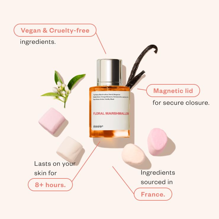 Dossier Floral Marshmallow packaging box highlighting vegan, cruelty-free ethos