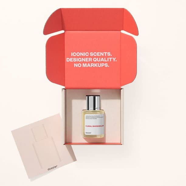 Dossier Floral Marshmallow printed label indicating fragrance notes