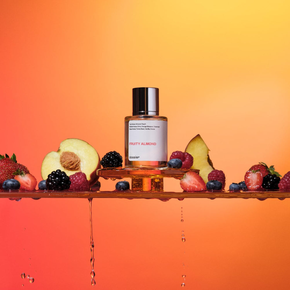 Dossier Fruity Almond box packaging showcasing accessible luxury fragrance presentation.