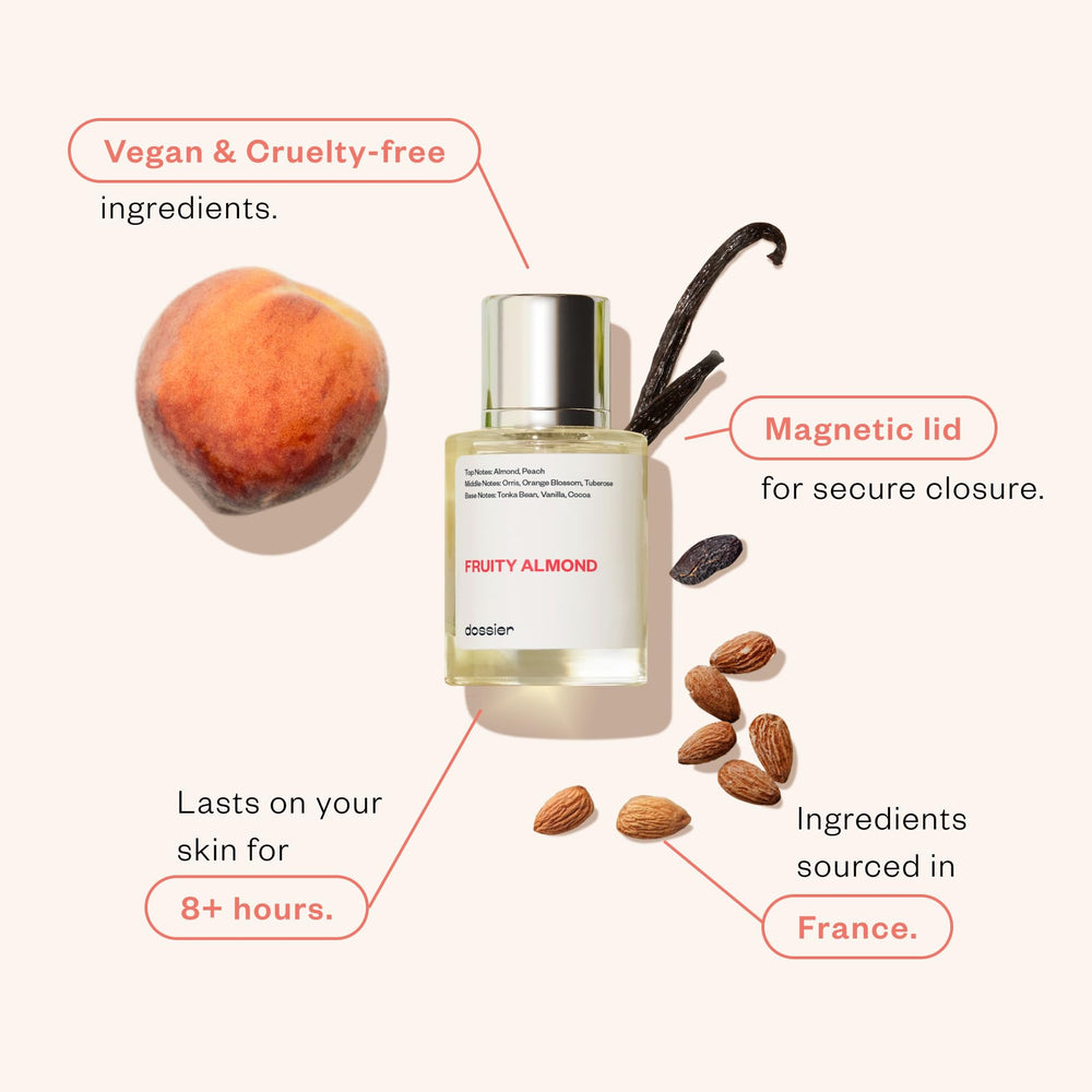 Dossier Fruity Almond bottle cap closeup highlighting premium design and easy spritz.