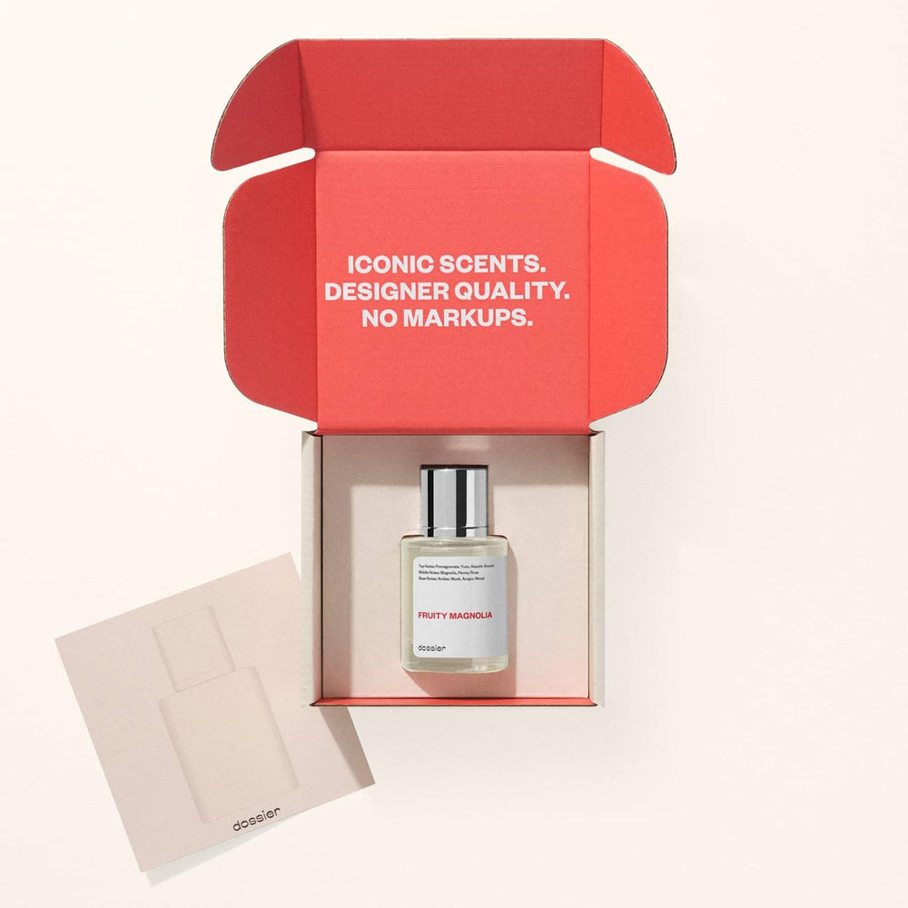 Dossier Fruity Magnolia packaging box signals premium fragrance quality.