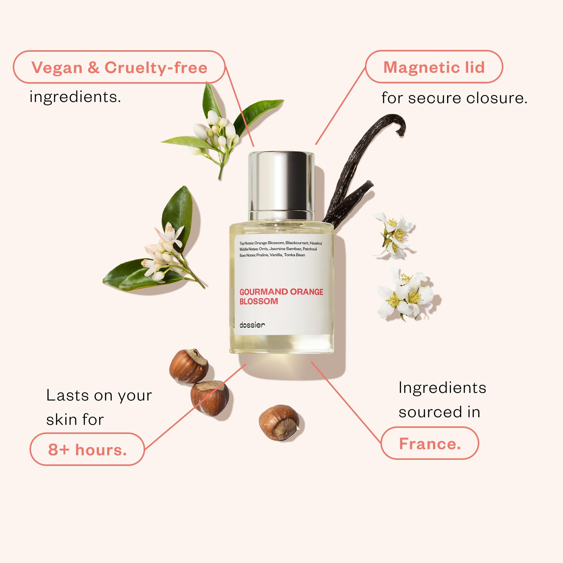 Dossier Gourmand Orange Blossom packaging with sleek silver cap.