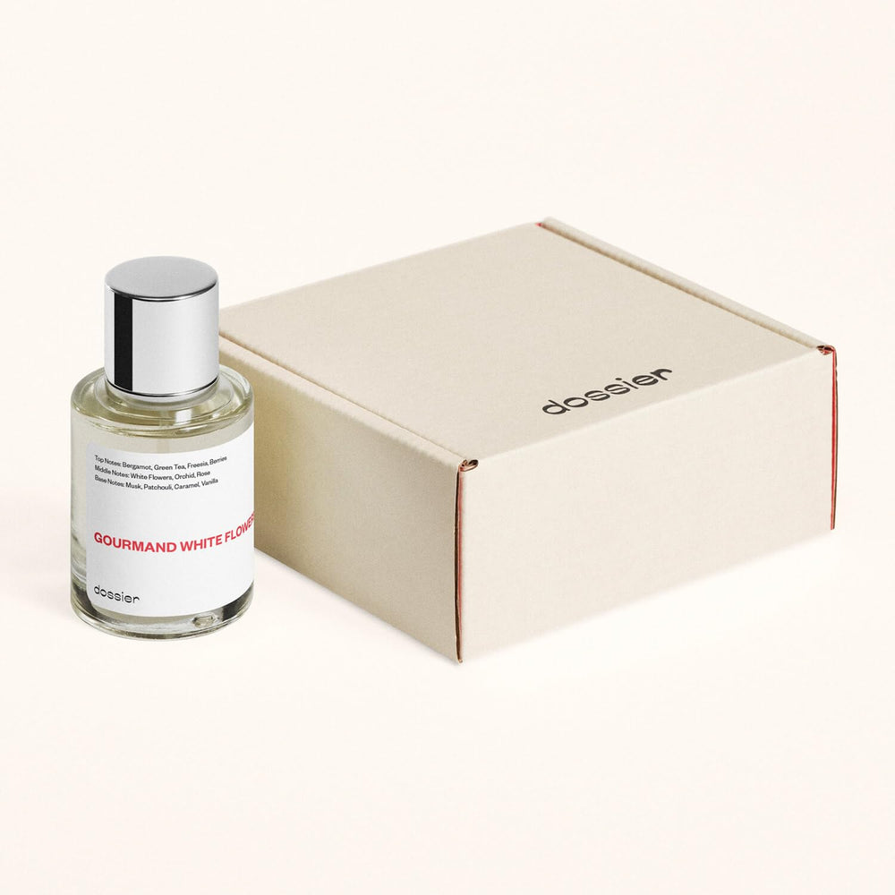 Dossier Gourmand White Flowers box and label indicate premium packaging.