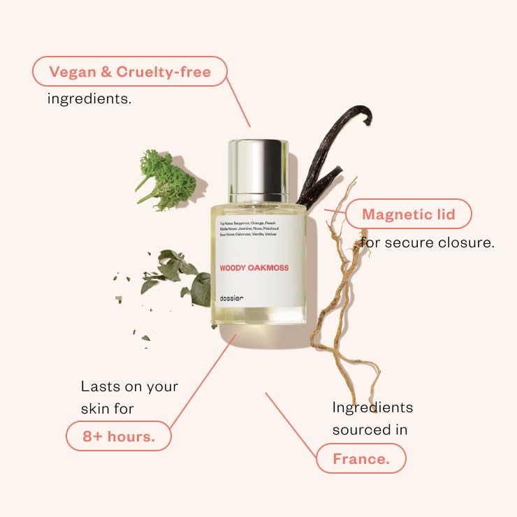 Dossier Woody Oakmoss bottle back reveals notes and recommended wear details