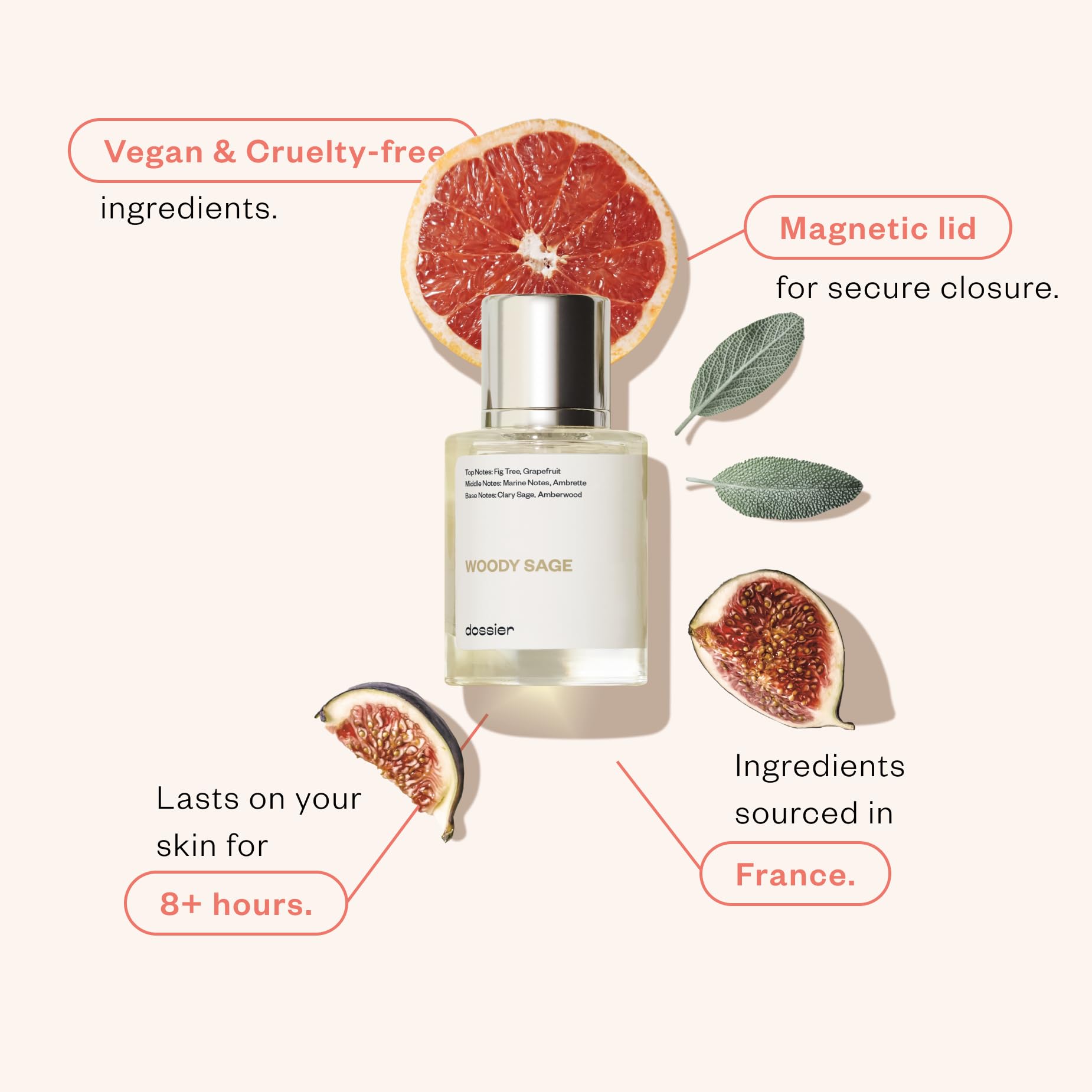 Dossier Woody Sage bottle closeup highlighting long-lasting fragrance cues.