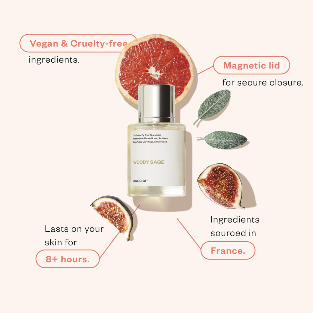 Dossier Woody Sage bottle closeup highlighting long-lasting fragrance cues.