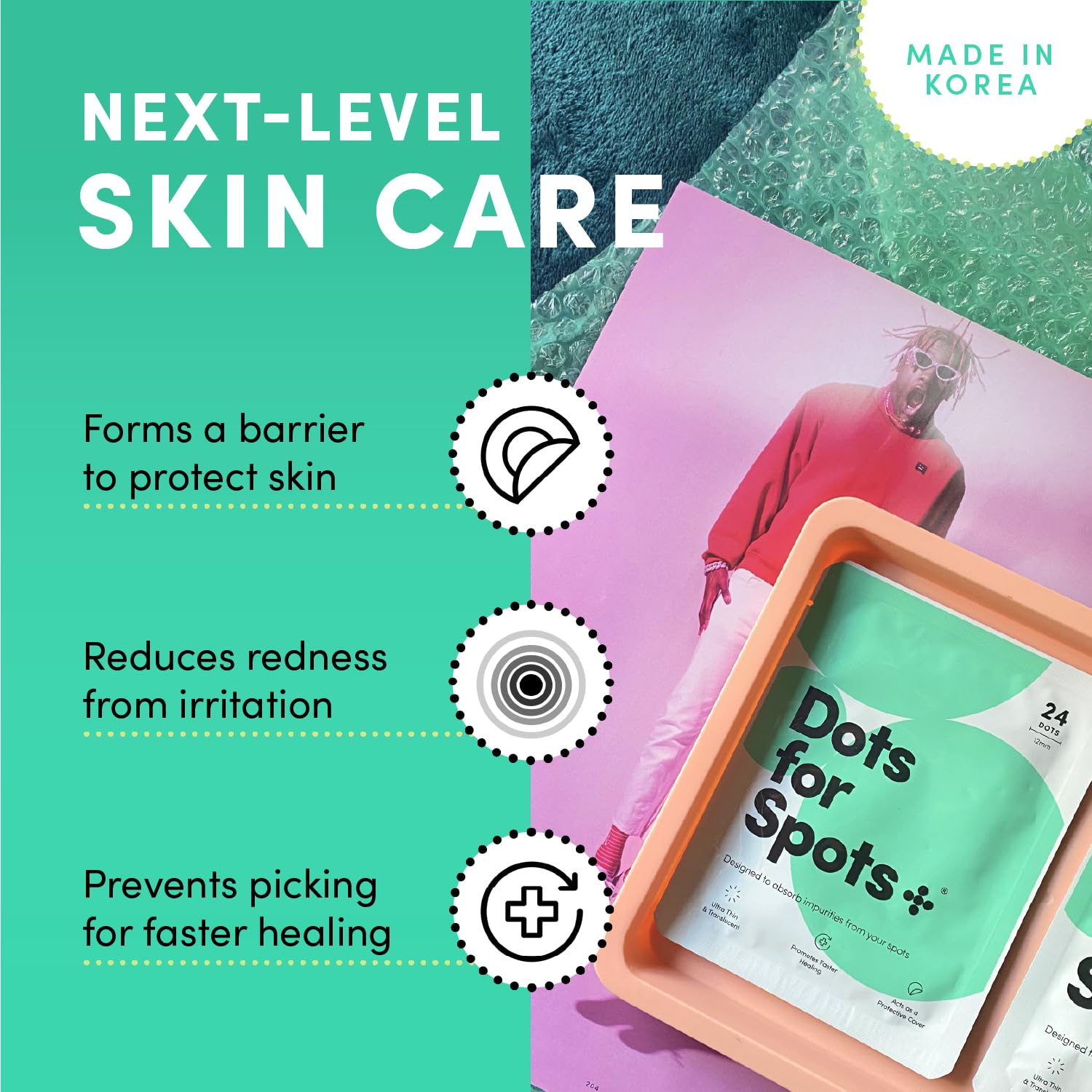 Hydrocolloid technology shown on skin with Dots for Spots patches