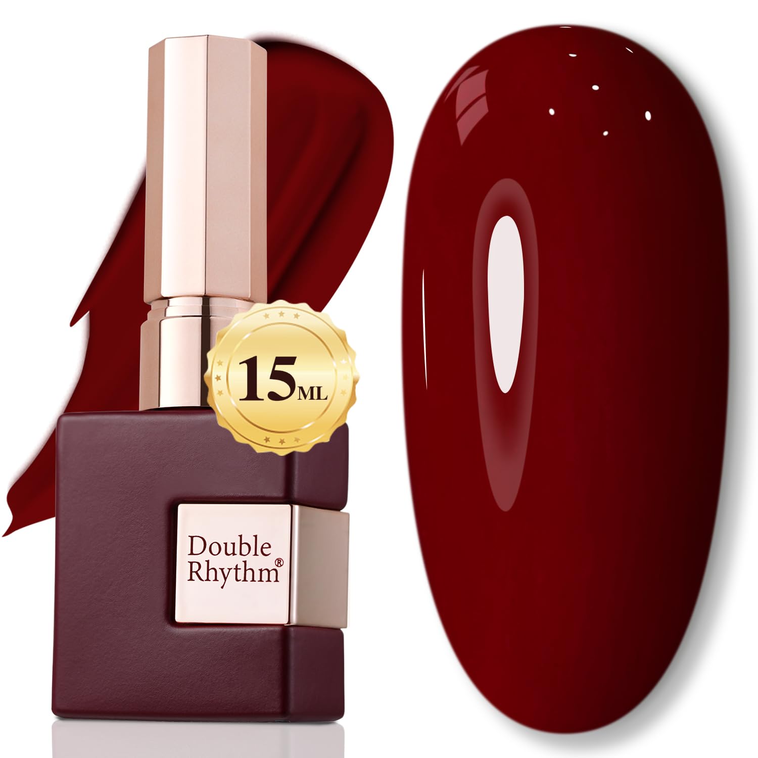 Double Rhythm Burgundy gel polish bottle close-up showing premium color and shine.