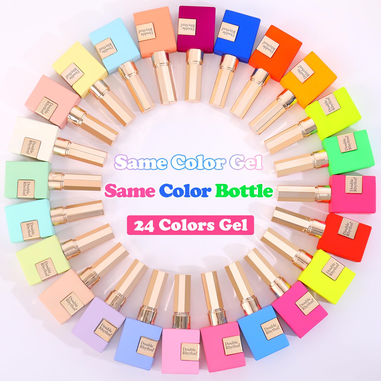 Uniform 15 ml bottles house 24 gel polishes for consistent color across nails.