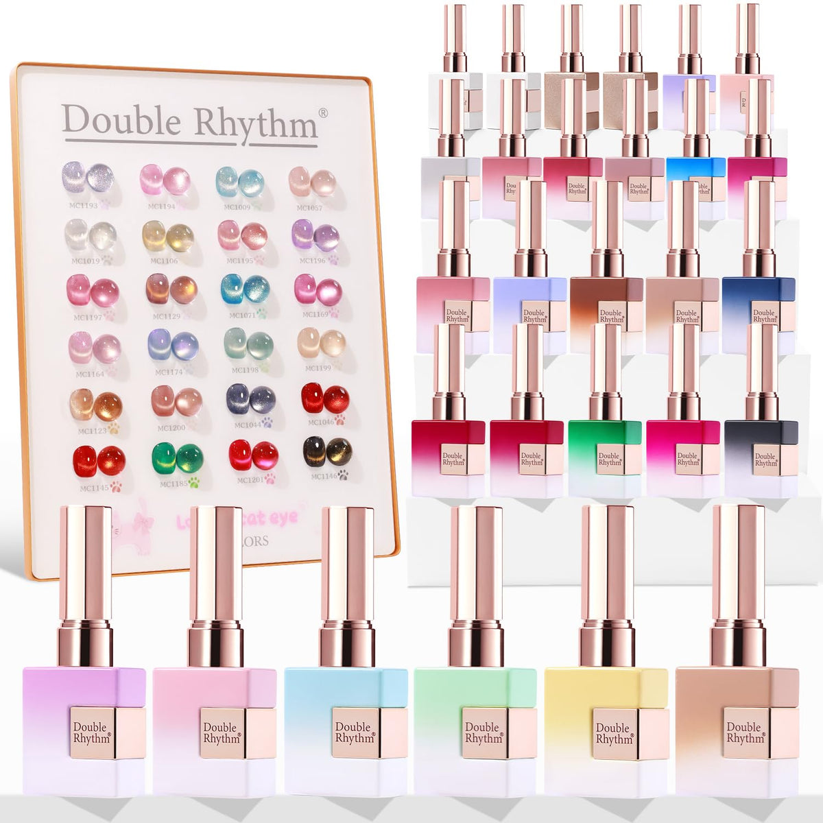 Double Rhythm cat-eye gel polish collection in 15ml bottles for at-home manicures.