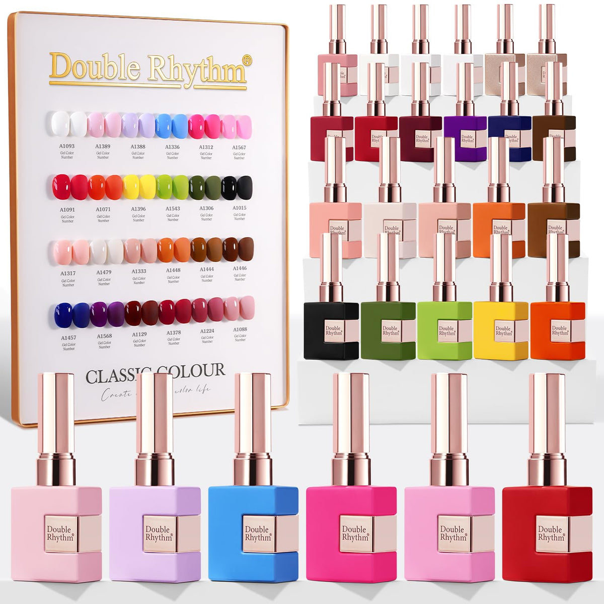 Double Rhythm 28Pcs gel polish set color collection swatches for home manicure.