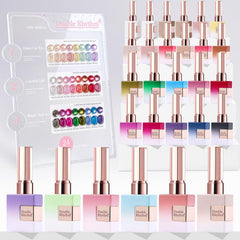 Double Rhythm 28Pcs cat eye gel polishes in glass bottles for at-home manicures.