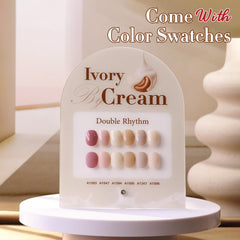 Double Rhythm swatch cards display the shimmer pigment and smooth coverage.