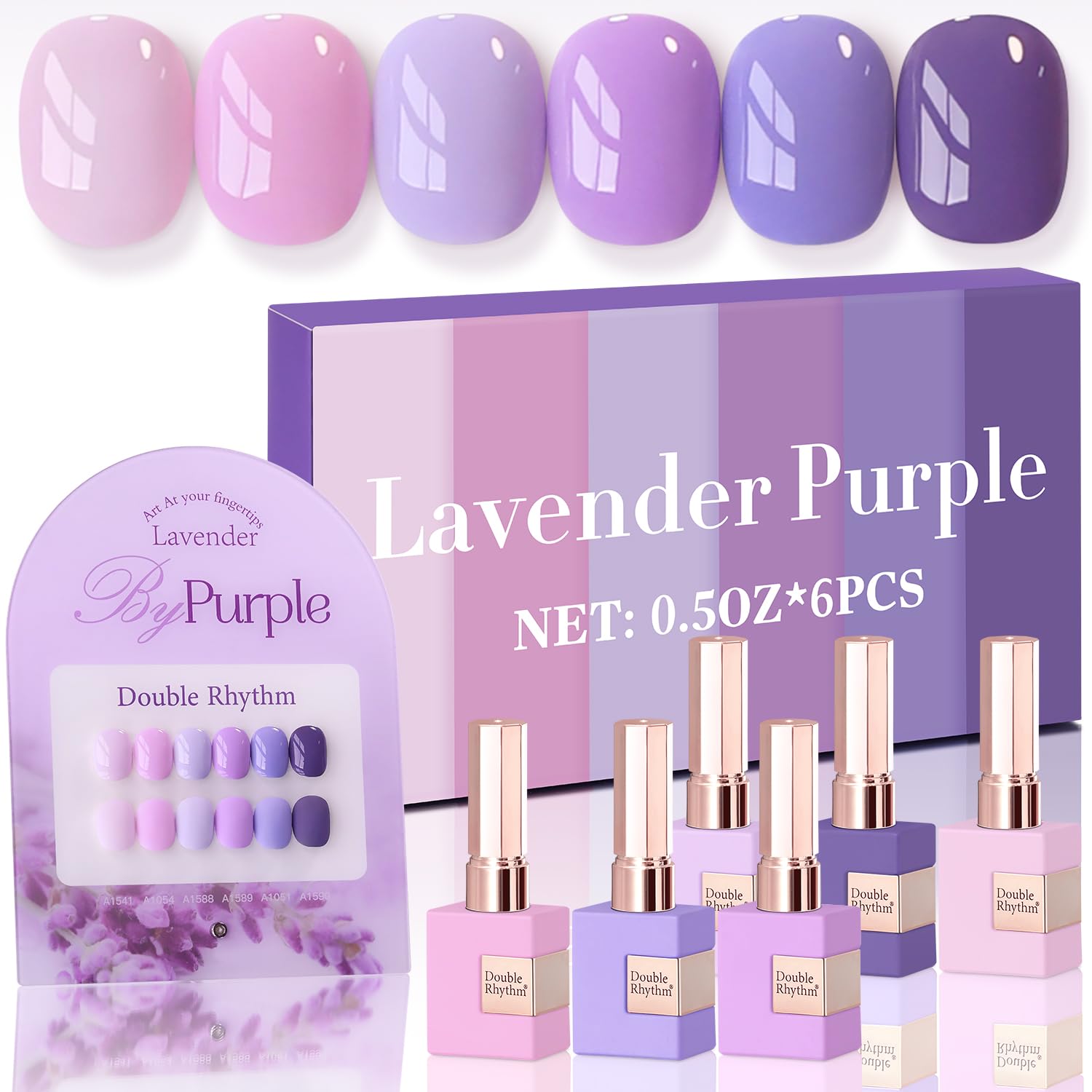 Double Rhythm six-piece 15ml gel polish set with cohesive color range.