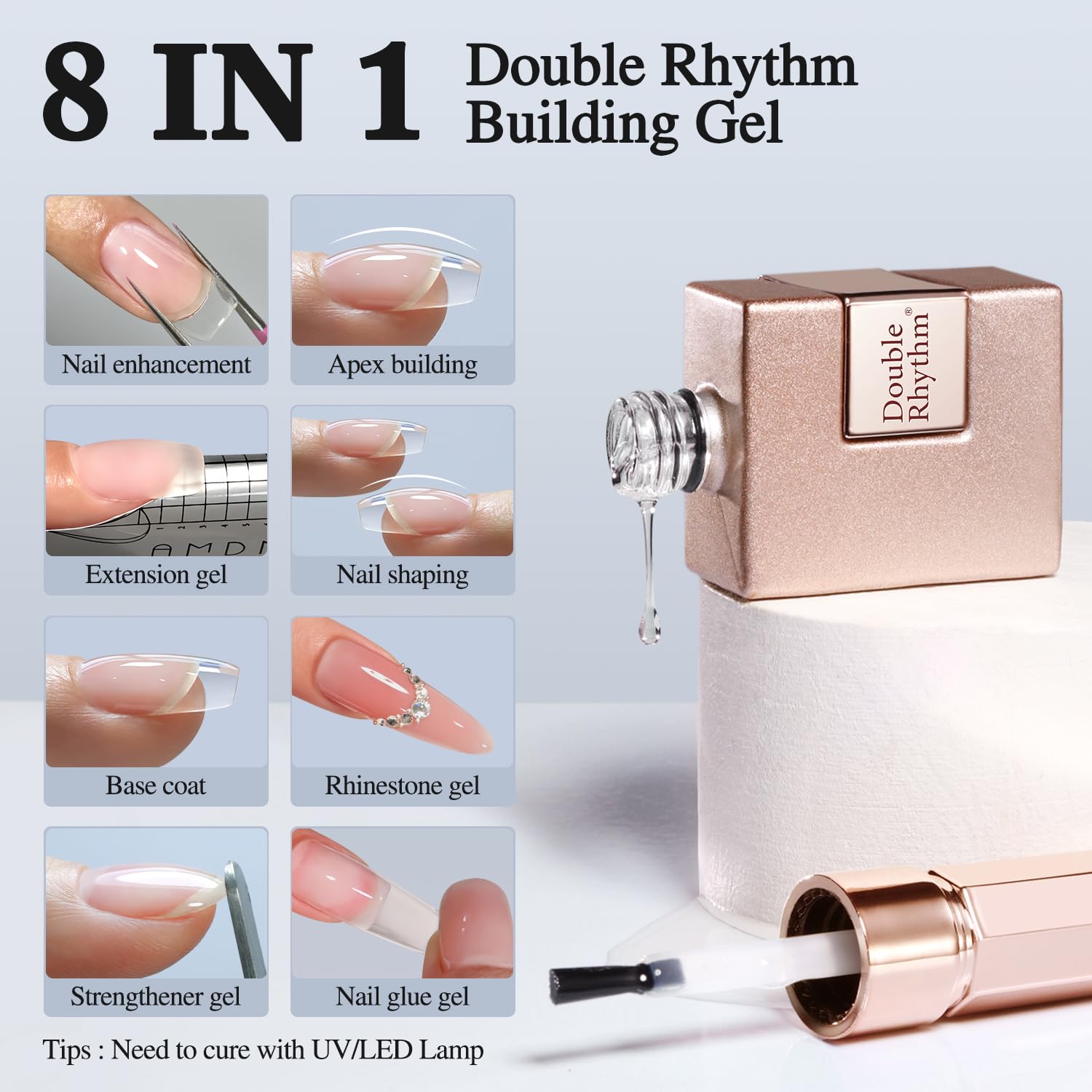 Double Rhythm 8-in-1 strengthener applied in close-up on nails