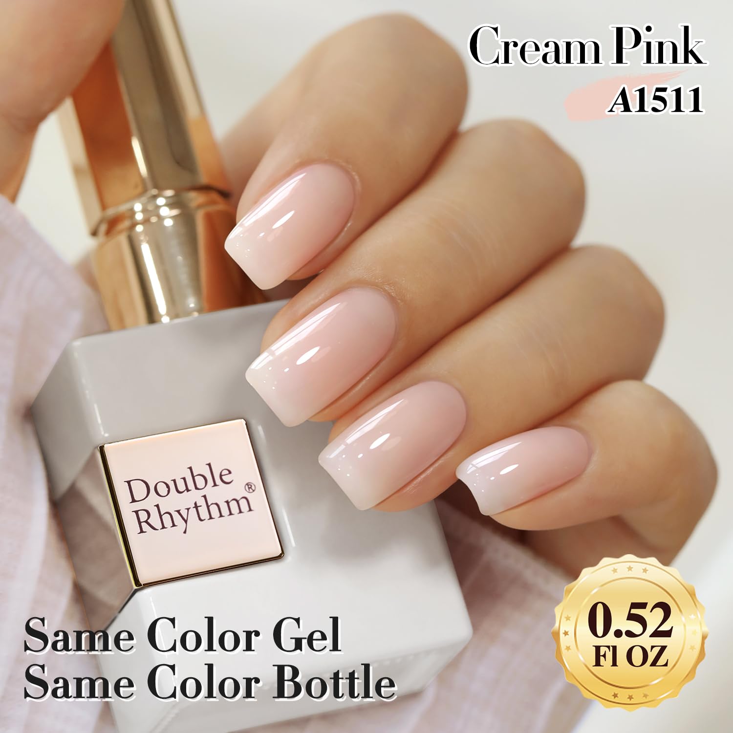 Double Rhythm A1511 high-gloss finish after cure on nails.