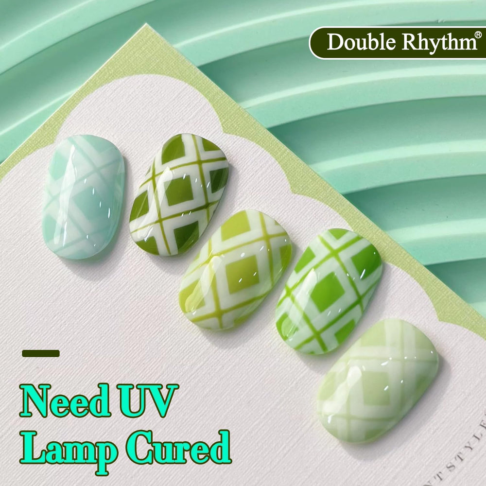 Double Rhythm at-home manicure setup with six-polish kit and tools.