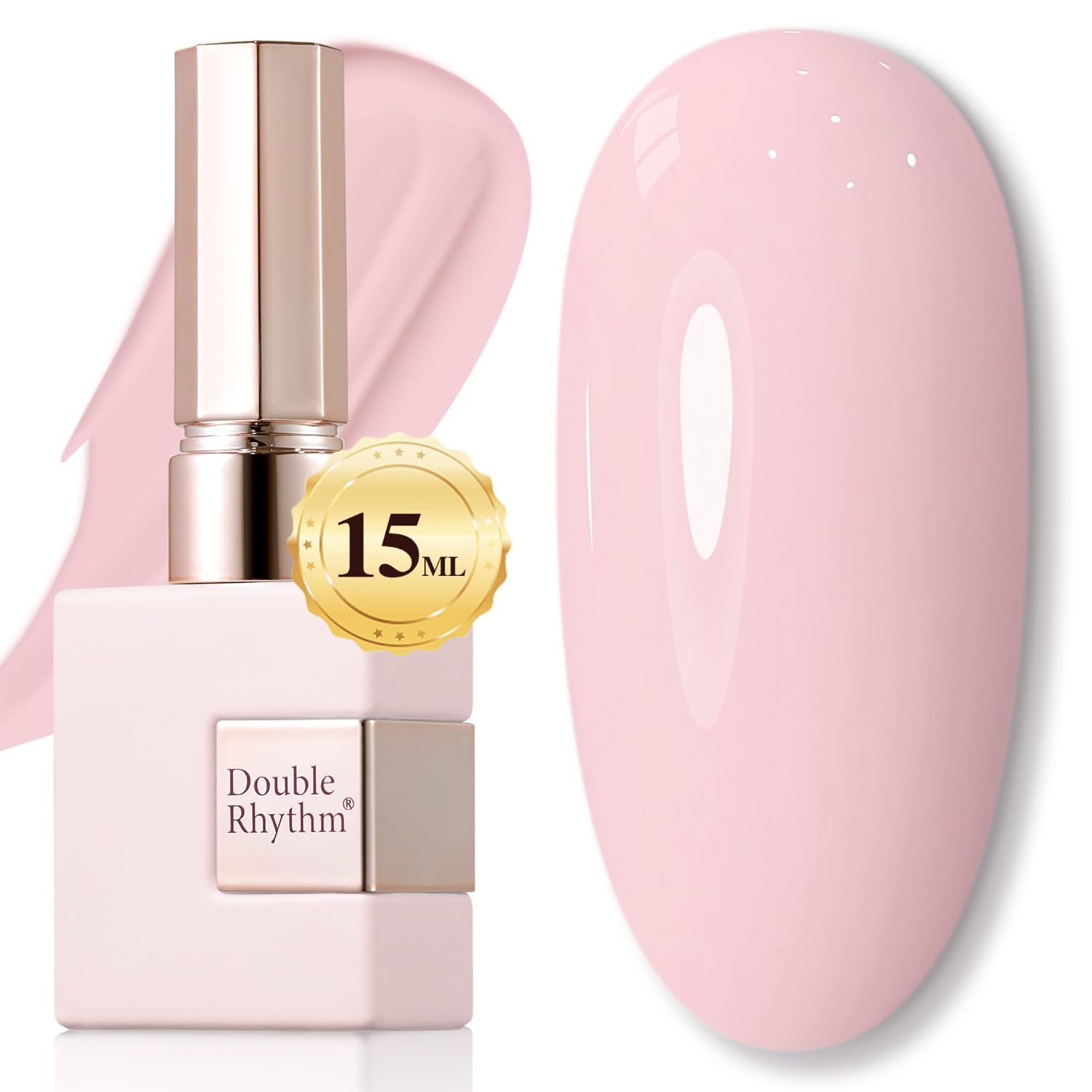 Double Rhythm baby pink gel polish bottle for subtle everyday nails.