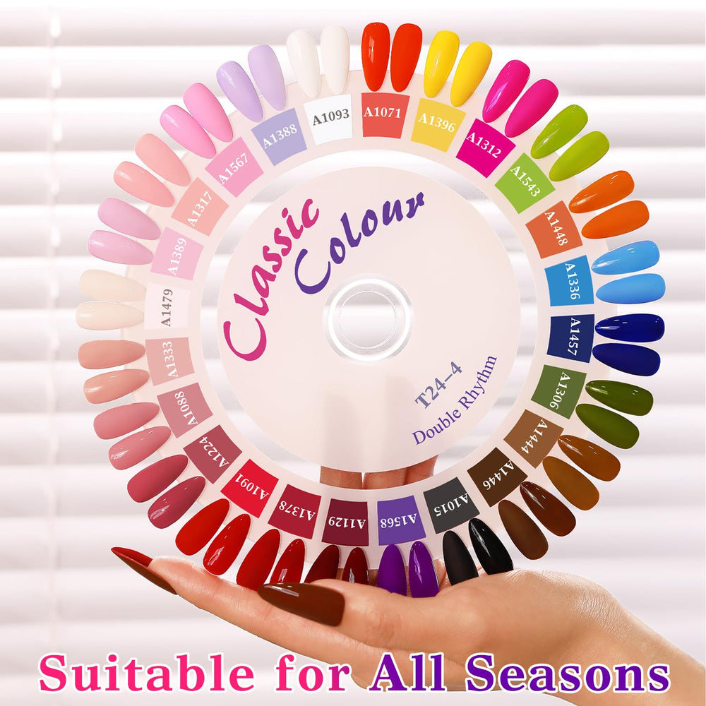Double Rhythm base and top gels shown for durable salon-like finish.