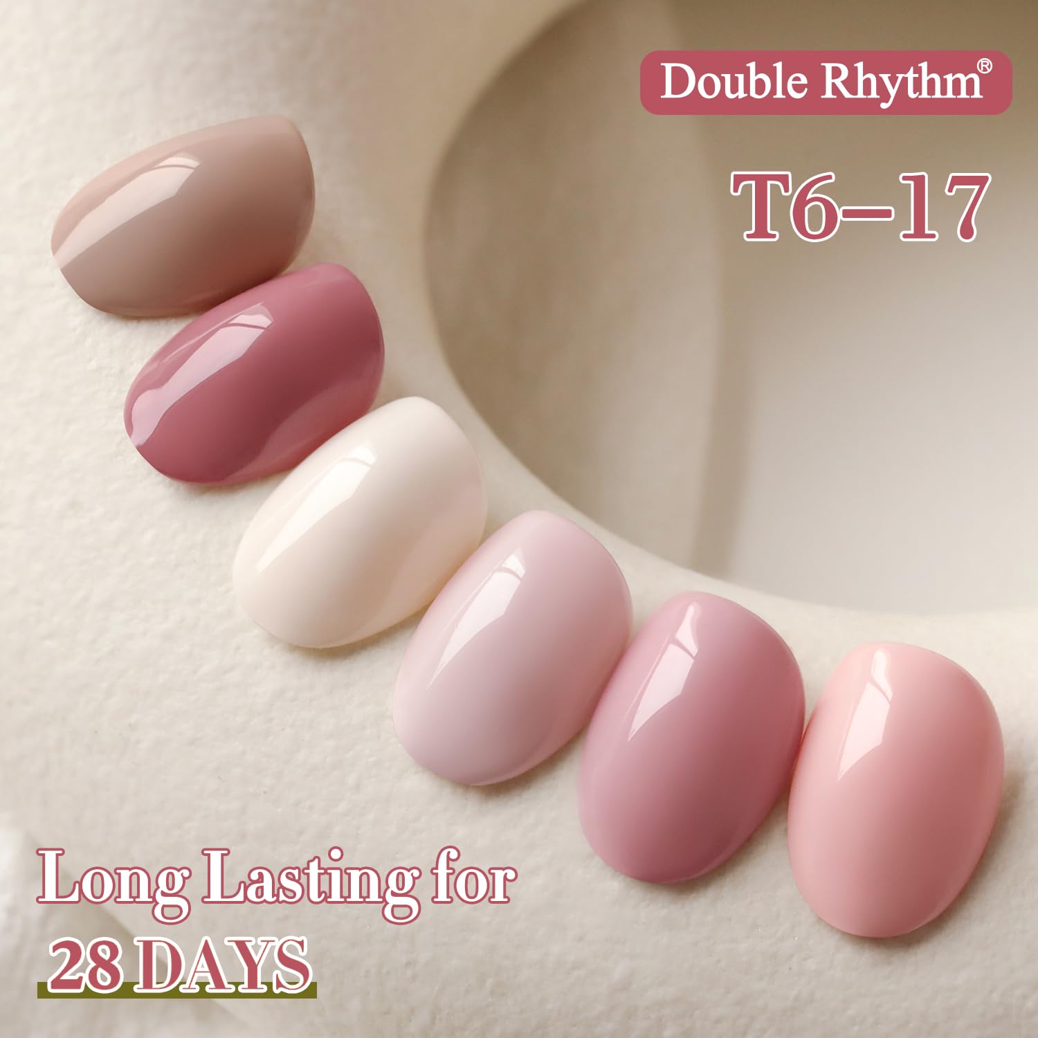Double Rhythm polish bottle with shade on nails for DIY manicures.