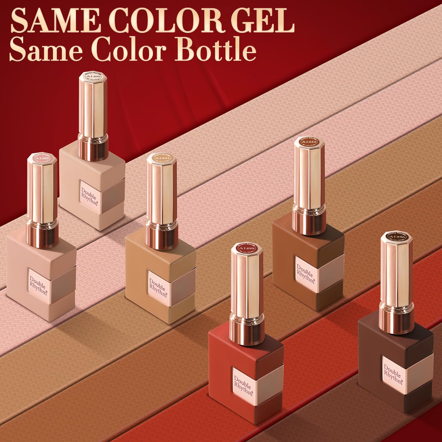 Double Rhythm beige gel polish bottle offers subtle elegance for chic nail looks