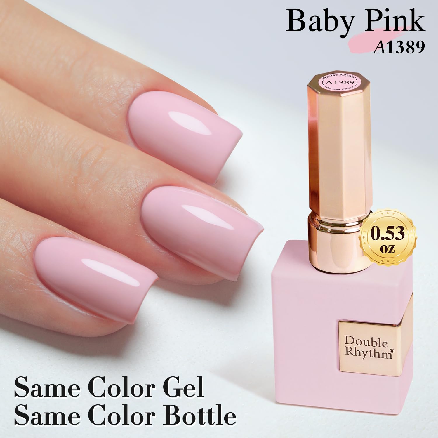 Double Rhythm bottle close-up highlights smooth consistency for even application.