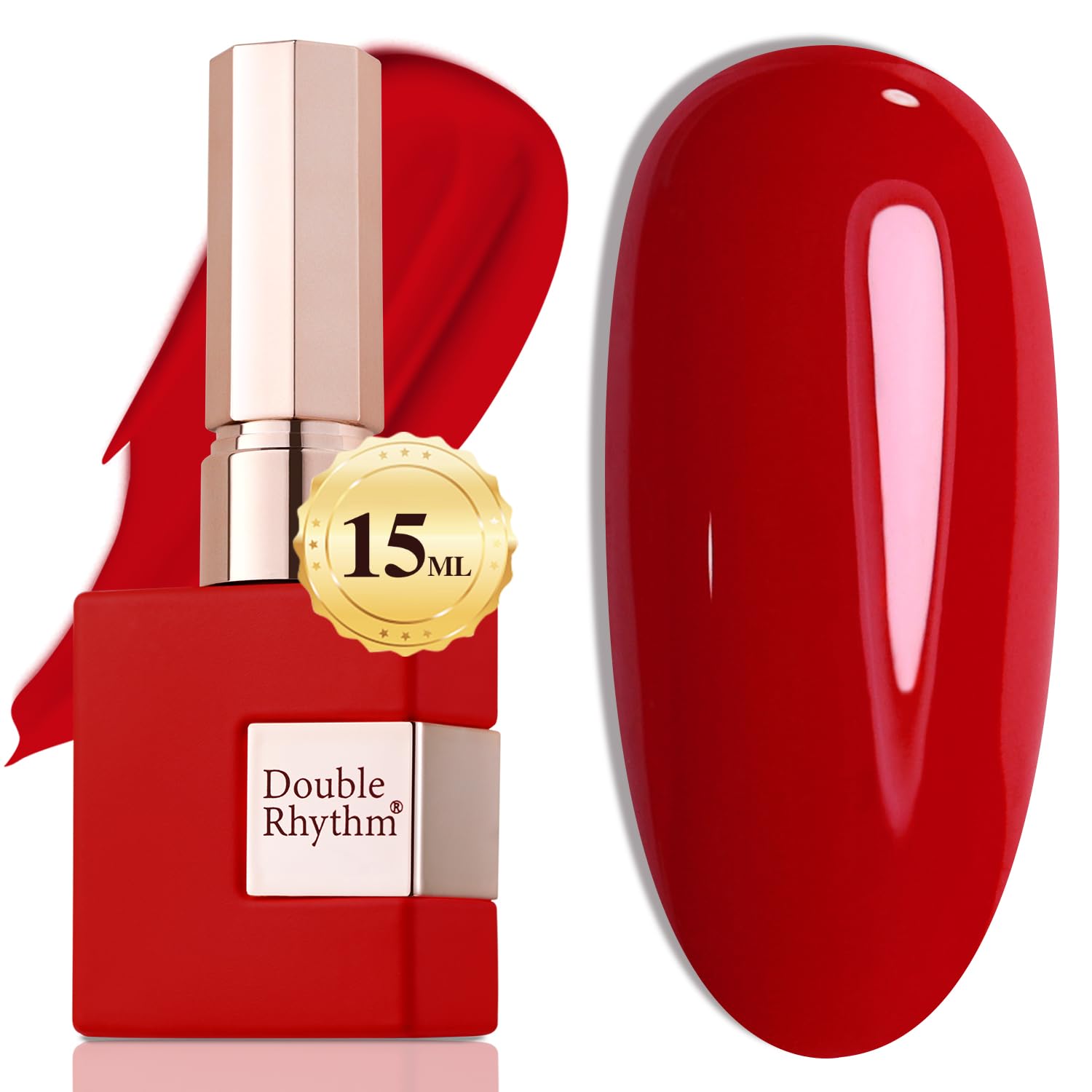 Double Rhythm brick-red 15ml bottle showing pure sheer color for home manicure