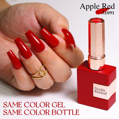 Double Rhythm brick-red gel polish application demonstrates even coverage