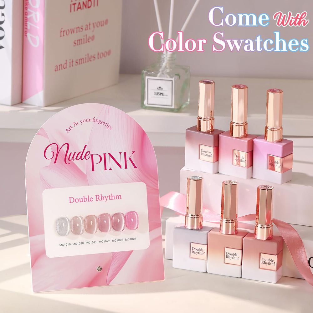 Double Rhythm color swatches illustrate six shades for quick shade matching.