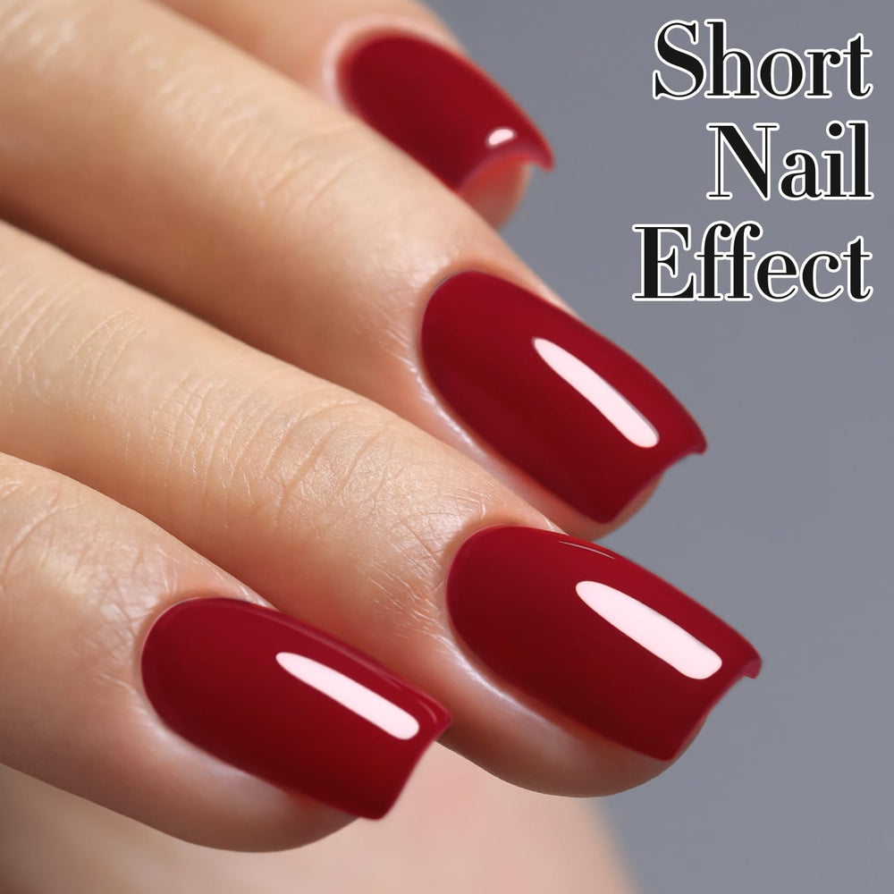 Double Rhythm Dark Red A1104 gel bottle on nail offers salon-grade shine at home.