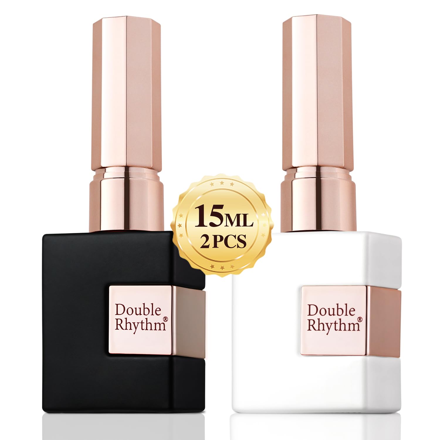 Double Rhythm gel blanco puro en botella cuadrada, ideal para un look limpio.