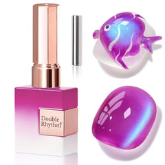 Double Rhythm Gel Cat Eye azul marino con imán, botella destacando el efecto en uñas