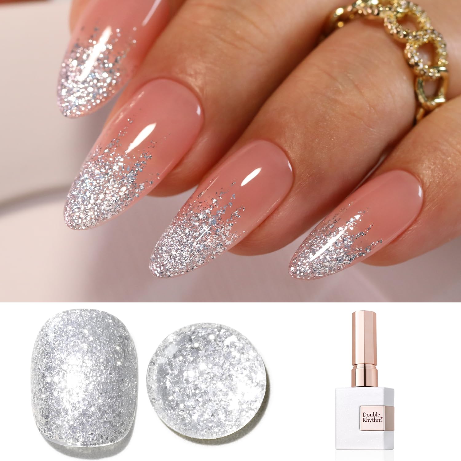 Double Rhythm Esmalte gel glitter plata, brillo duradero para uñas.