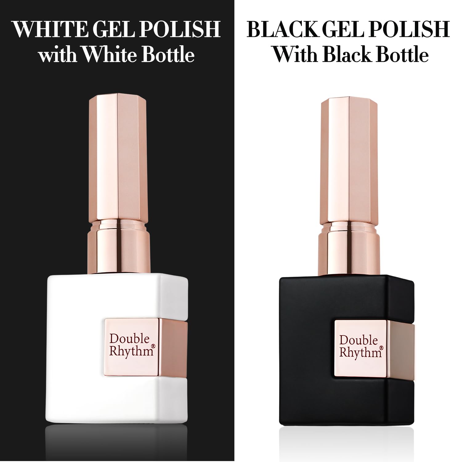 Double Rhythm gel negro puro en botella cuadrada, perfecto para contrastes elegantes.