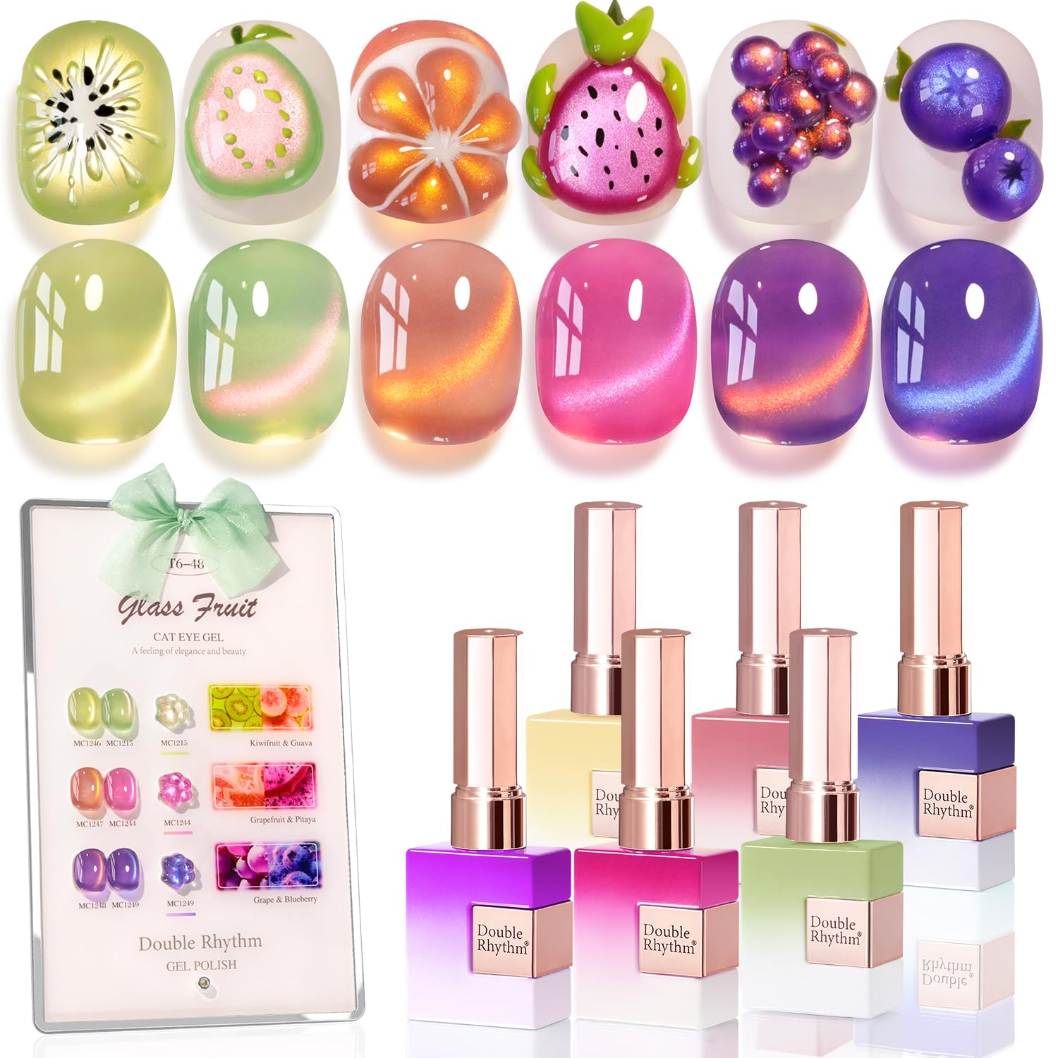 Double Rhythm fruit cat eye polish in rose glass bottle with shimmering finish for stylish nails