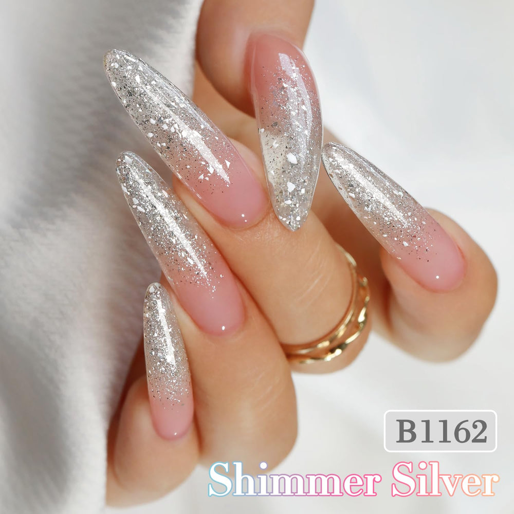Double Rhythm gel esmalte muestra brillo plateado, ideal para uñas festivas