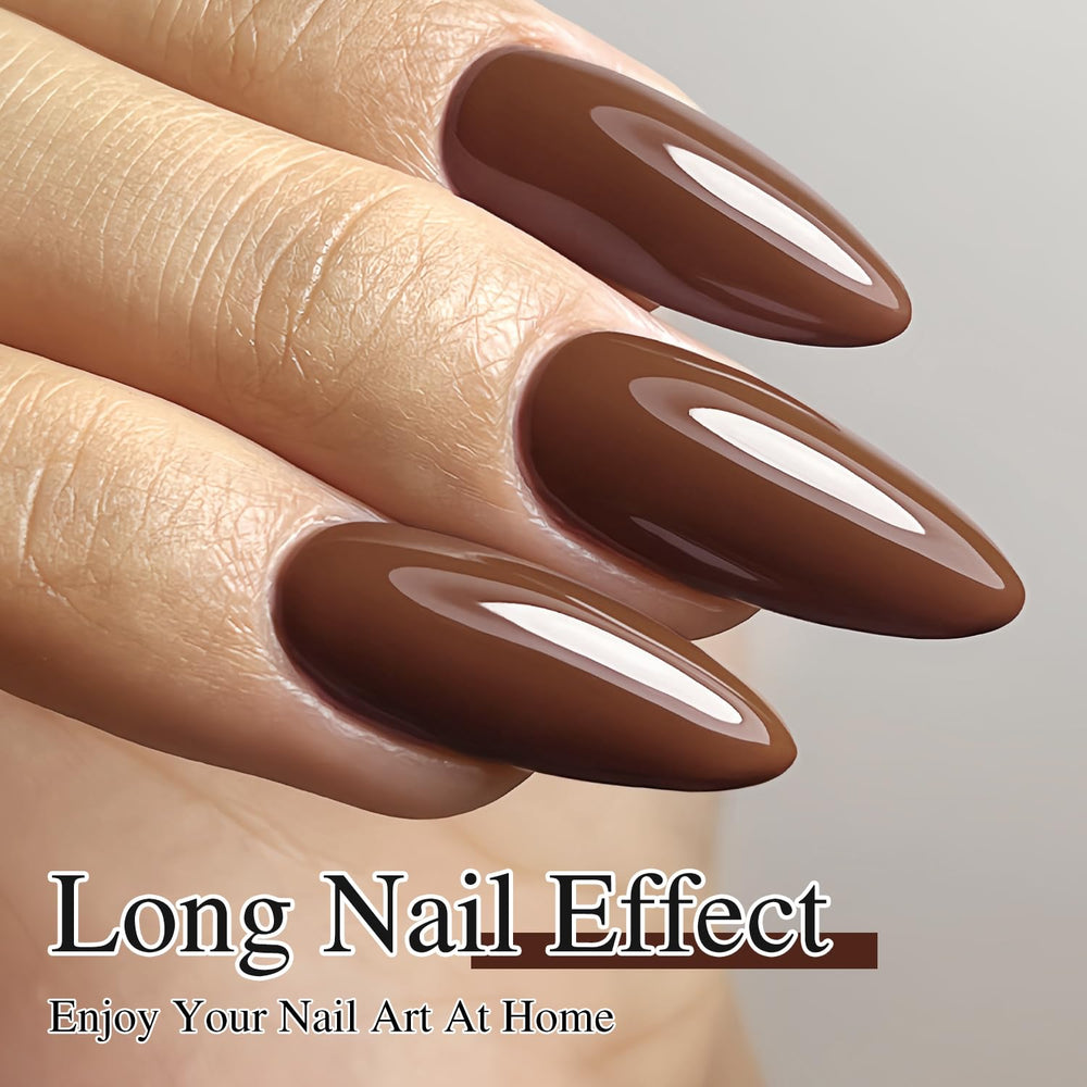 Swatch on nails of Double Rhythm dark brown gel polish showing glossy finish