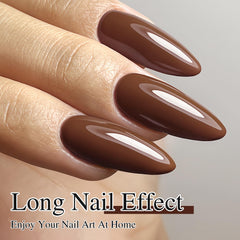 Swatch on nails of Double Rhythm dark brown gel polish showing glossy finish
