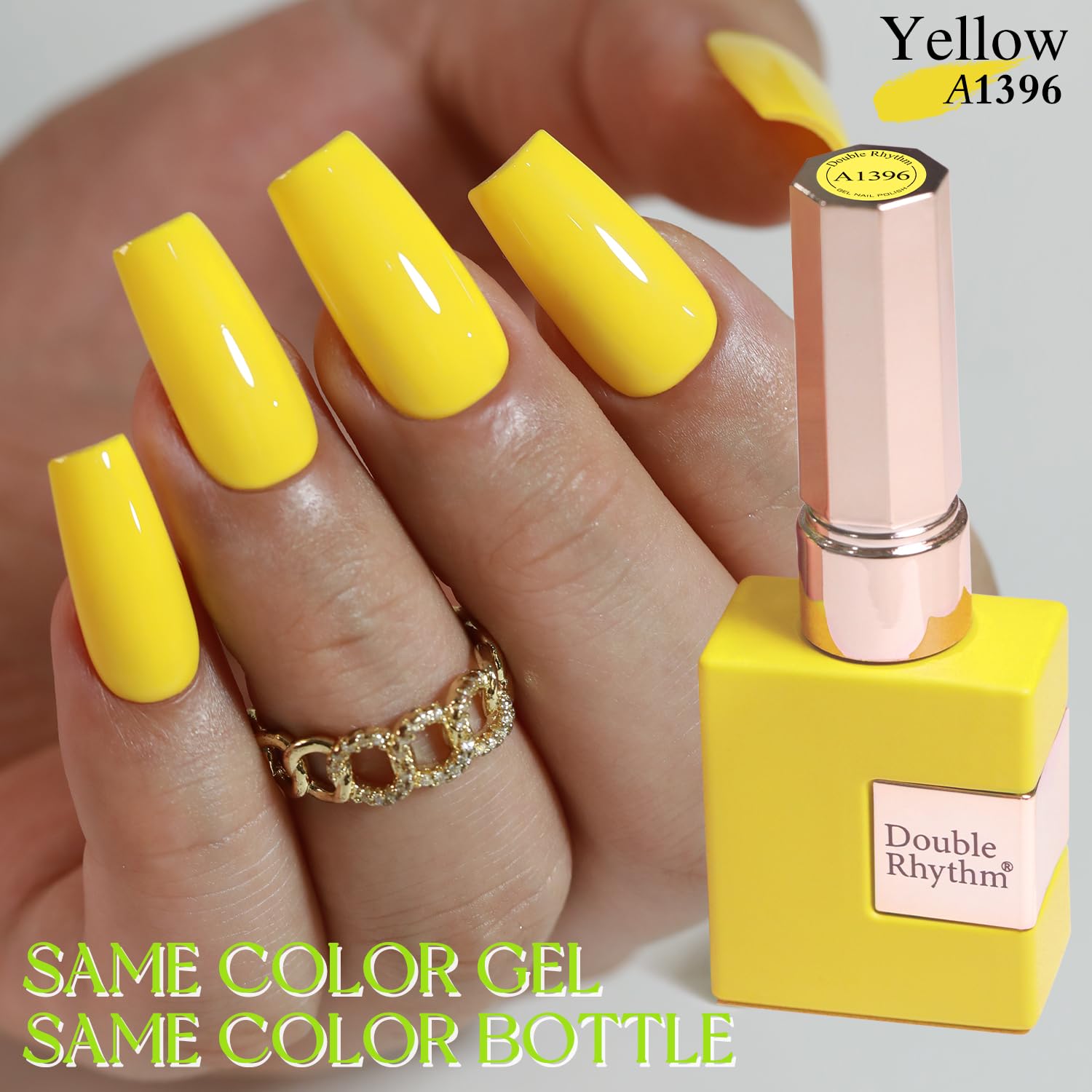 Double Rhythm Yellow A1396 brush applying gel polish for smooth finish.
