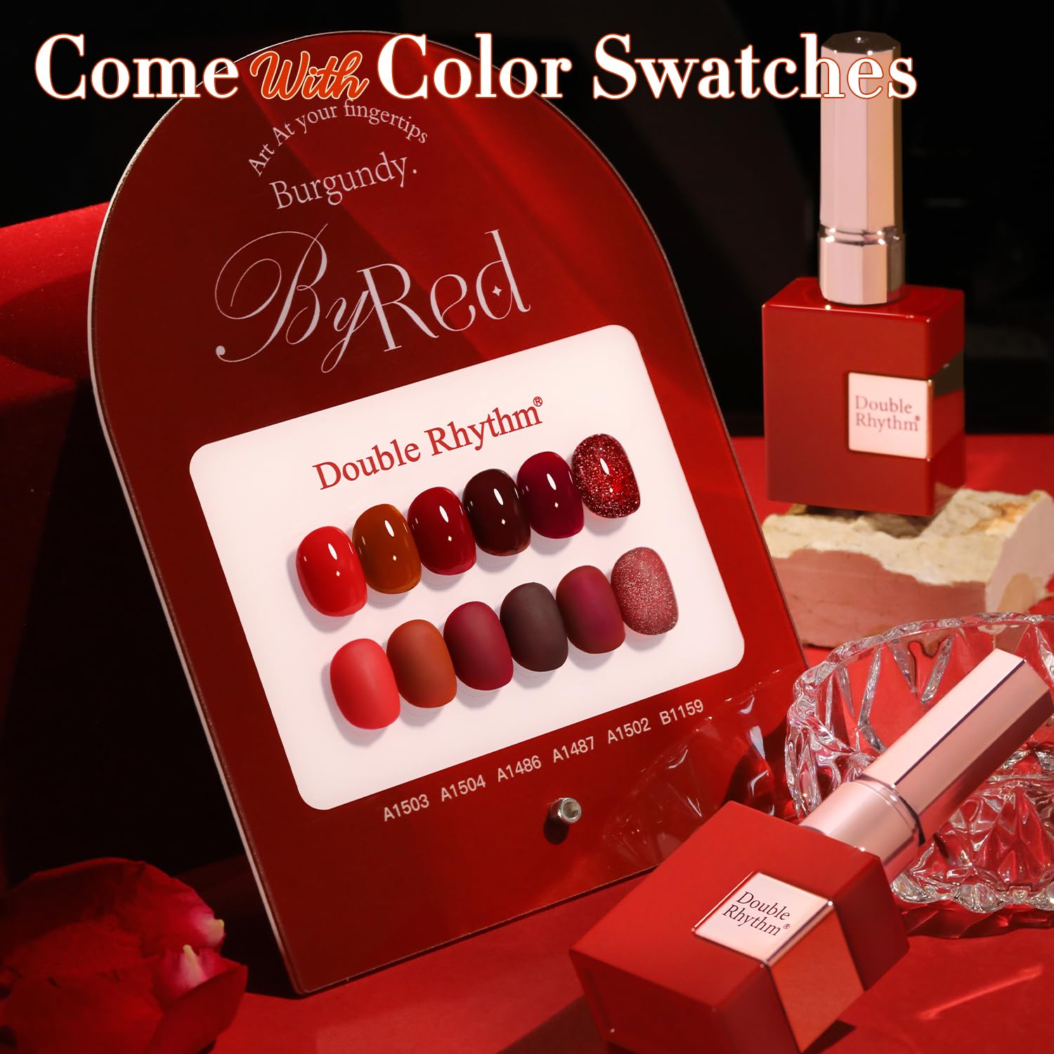 Double Rhythm glitter burgundy swatches show true shade and smooth finish